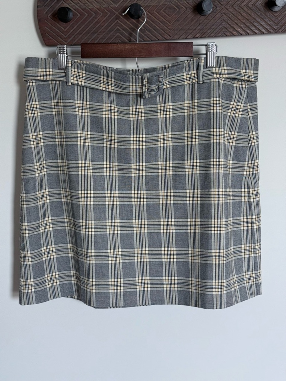 NWT Loft Grey Yellow Plaid Belted A-Line Mini Skirt Size 16
